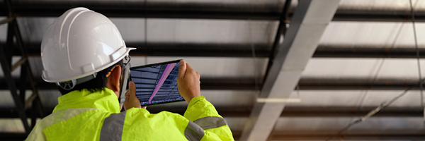 A man in white hard hat uses a tablet to take infrared imaging of ceiling ducts inside a warehouse.